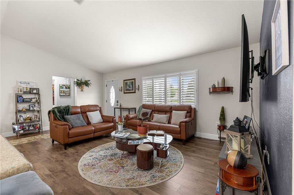 A living room features two brown leather sofas, a round rug, and wood-look flooring — 13834 SW 114TH AVENUE, DUNNELLON, FL