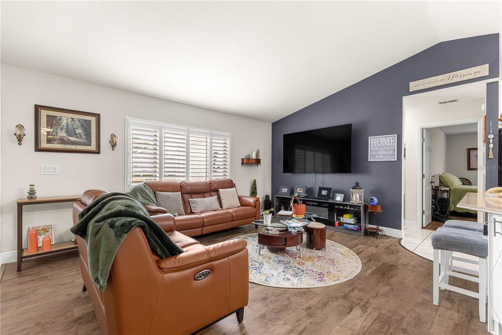 A living room features a brown leather sofa, a dark blue accent wall, and wood flooring — 13834 SW 114TH AVENUE, DUNNELLON, FL