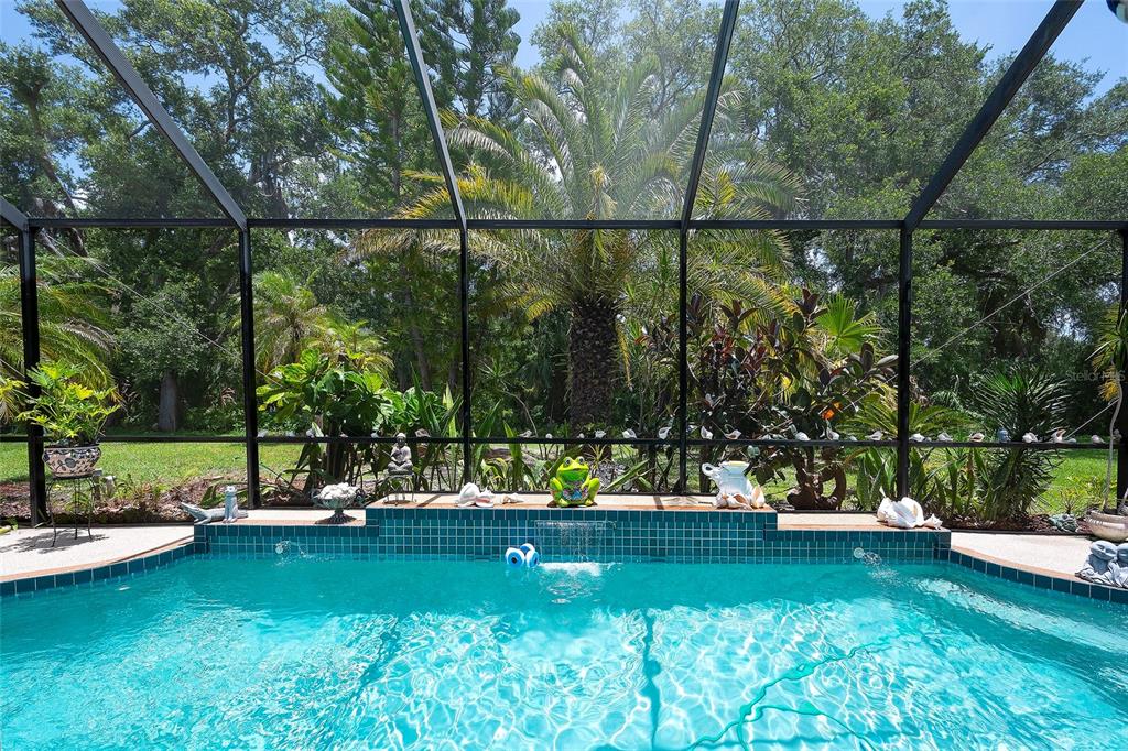A swimming pool with a tiled water feature sits inside a screened-in lanai — 267 PETREL TRAIL, BRADENTON, FL