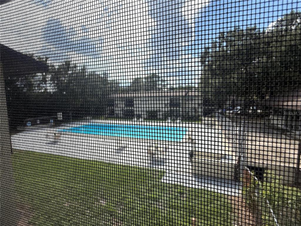 A view through a screen door shows a swimming pool surrounded by a concrete deck — 141 FERNERY ROAD UNIT A204, LAKELAND, FL