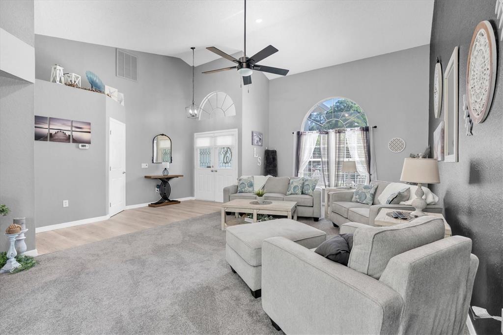 A living room features vaulted ceilings, gray carpeting, neutral walls, and a large arched window — 4851 DEER LODGE ROAD, NEW PORT RICHEY, FL