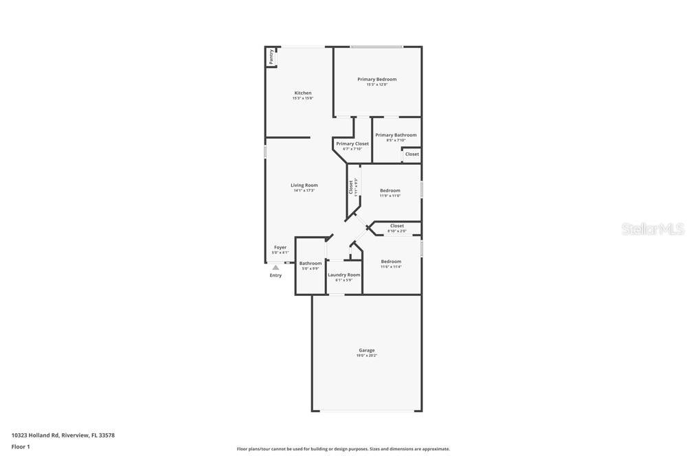 This is a floor plan of a single-story home featuring three bedrooms and a garage — 10323 HOLLAND ROAD, RIVERVIEW, FL