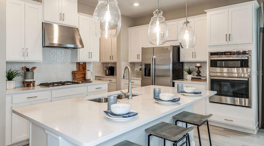 A modern kitchen features white cabinetry, stainless steel appliances, a quartz island, and pendant lighting — 844 STEEL DRIVE, APOLLO BEACH, FL