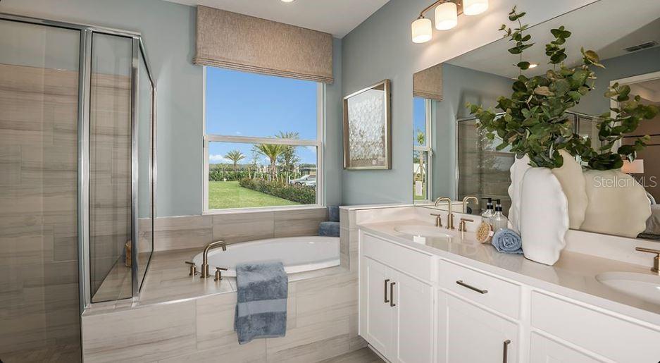A bathroom features a soaking tub, a glass-enclosed shower, and a double vanity with mirrors — 844 STEEL DRIVE, APOLLO BEACH, FL