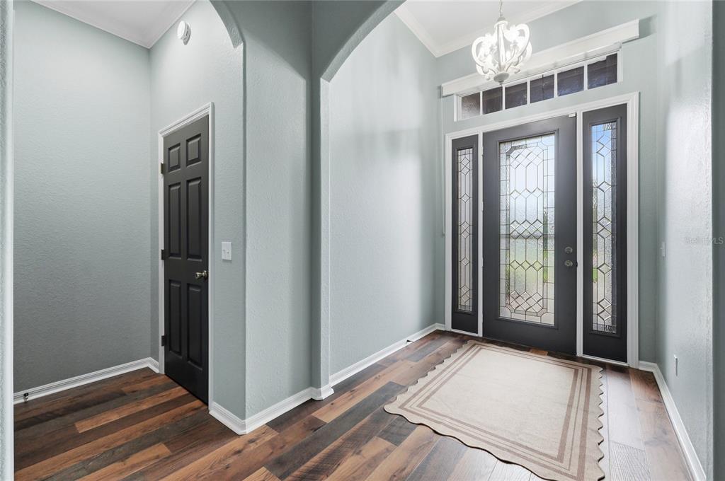 An entryway features light blue walls, dark wood flooring, a decorative front door, and a chandelier — 4040 PALMA CEIA CIRCLE, WINTER HAVEN, FL