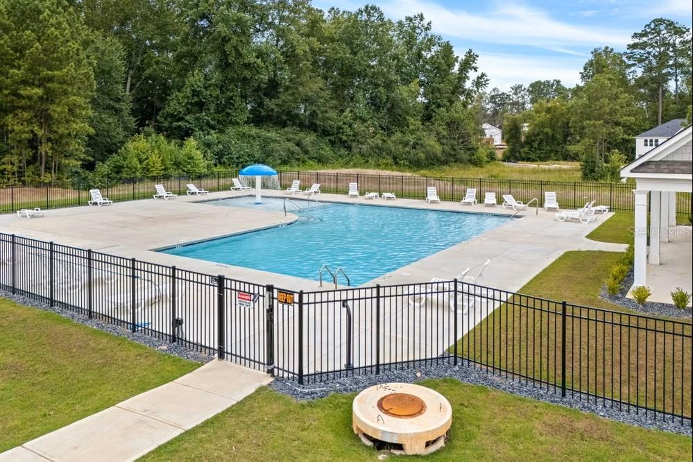 An outdoor swimming pool with a blue mushroom fountain is enclosed by a black fence — 202 FRESHWATER COURT, LAGRANGE, GA