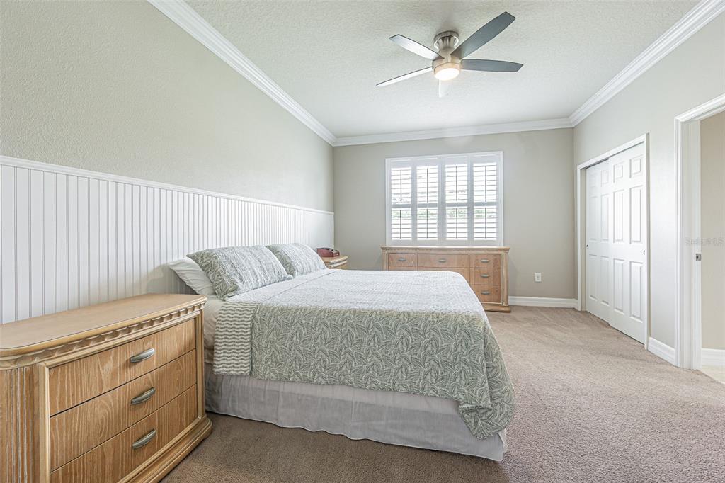 A bedroom features a bed, two wooden dressers, carpeted flooring, and white wainscoting — 1507 WINDY GAP PLACE, VALRICO, FL