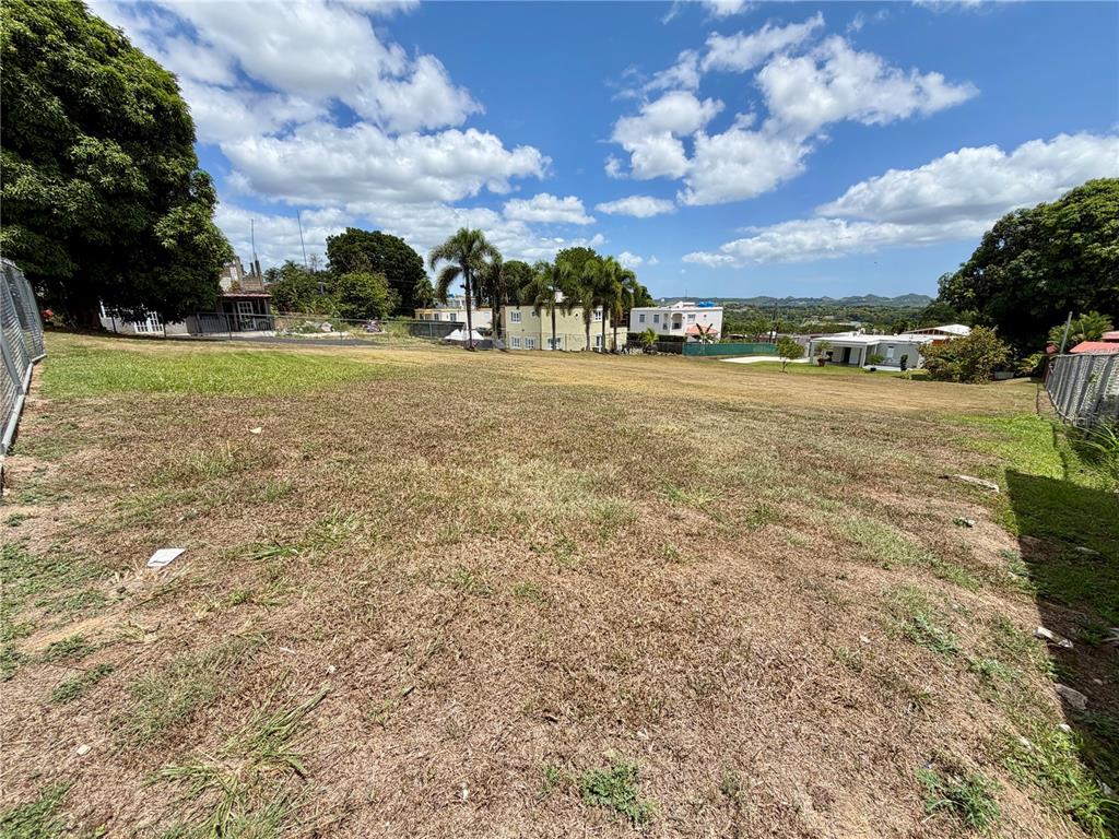 A wide, grassy, sloped vacant lot is surrounded by fencing, trees, and nearby residential houses — CARR 662, MOROVIS, PR