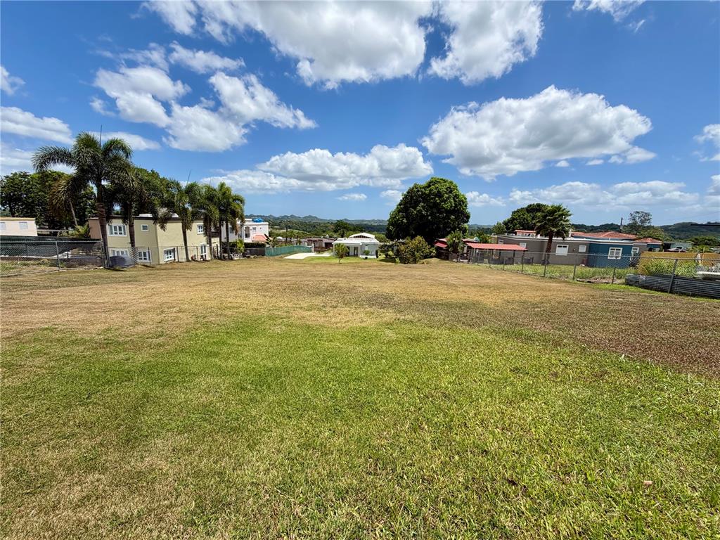 A large, grassy, fenced-in vacant lot sits under a bright blue sky with scattered clouds — CARR 662, MOROVIS, PR