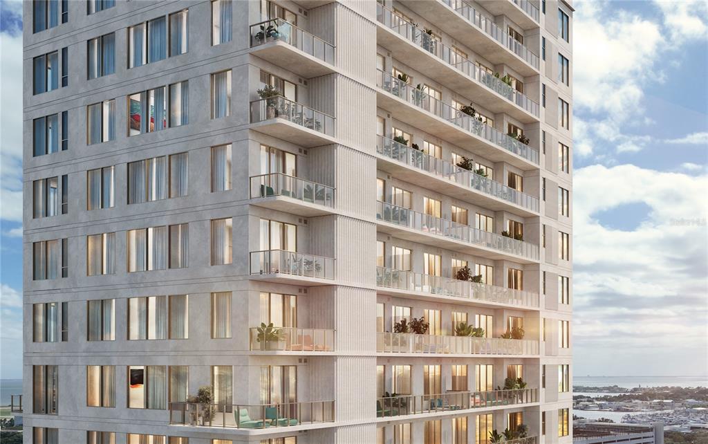 This is a digital rendering of the exterior of a modern high-rise apartment building — 344 4TH STREET S UNIT 1805, ST PETERSBURG, FL