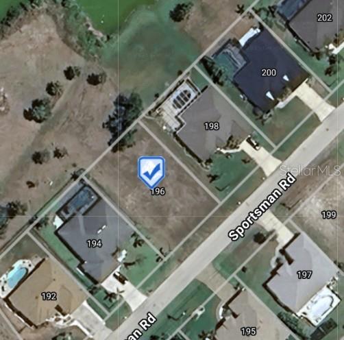 This is an aerial map showing a vacant residential lot located between two existing houses — 196 SPORTSMAN ROAD, ROTONDA WEST, FL