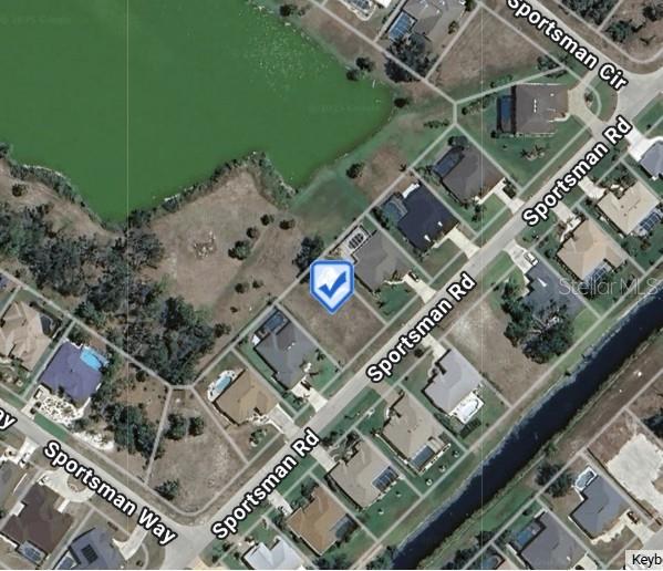 This is an aerial map showing a residential lot highlighted on Sportsman Road — 196 SPORTSMAN ROAD, ROTONDA WEST, FL