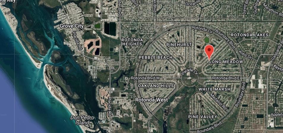 This is a satellite map showing the circular residential layout of Rotonda West, Florida — 196 SPORTSMAN ROAD, ROTONDA WEST, FL