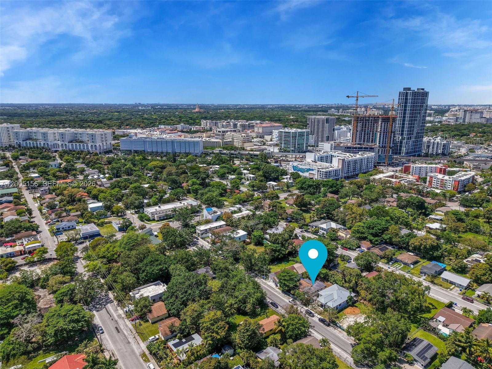 An aerial view shows a residential neighborhood with a blue location pin over a house — 3637 Frow Ave, Miami FL 33133, MIAMI, FL