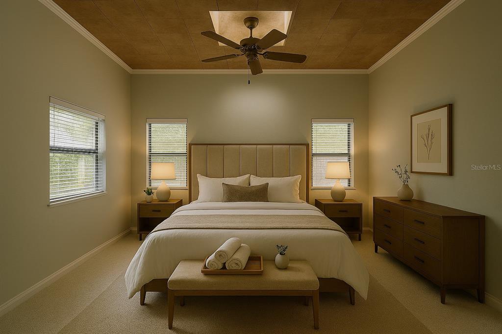 This bedroom features a coffered ceiling, a neutral color palette, and a central bed — 3823 PINE RIDGE ROAD, ORLANDO, FL