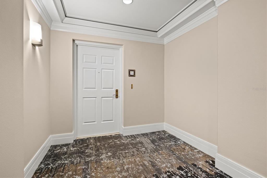 A white door with a brass handle is centered in a beige hallway with patterned carpet — 50 CENTRAL AVENUE UNIT 15A, SARASOTA, FL