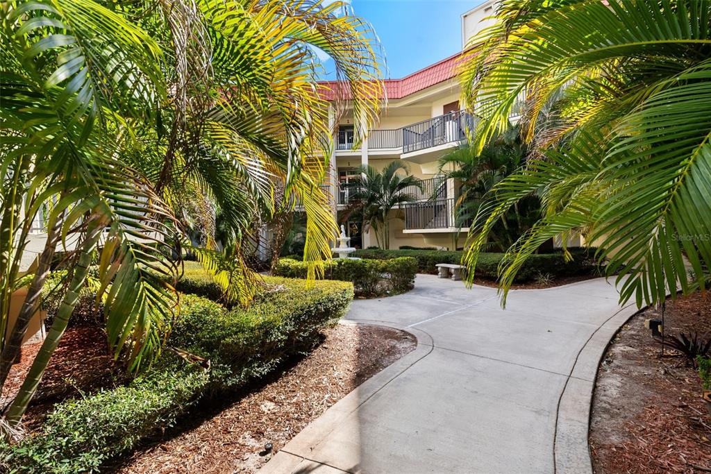 A concrete walkway leads through a landscaped courtyard toward a multi-story apartment building — 2700 BAYSHORE BOULEVARD UNIT 4106, DUNEDIN, FL