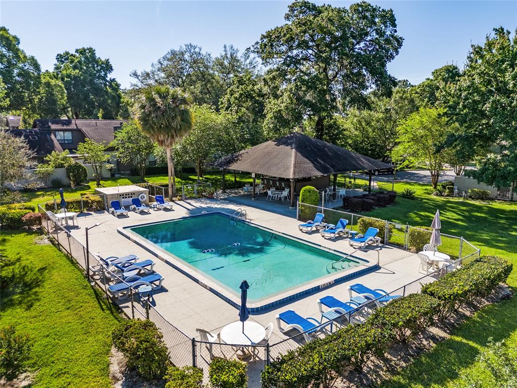 An outdoor swimming pool with lounge chairs and a covered pavilion in a grassy area — 3867 NE 17TH STREET CIRCLE, OCALA, FL