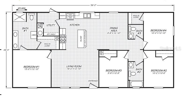 This floor plan shows a four-bedroom, three-bathroom home with an open-concept living, dining, and kitchen area — 3316 OAKLAND ROAD S, LAKELAND, FL