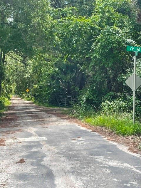 A paved road leads into a wooded area with a street sign labeled CR 90 — 2075 COUNTRY ROAD 75, BUNNELL, FL