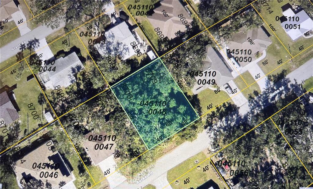 This is a satellite map showing a vacant, wooded residential lot outlined in blue — BURKE ROAD, VENICE, FL
