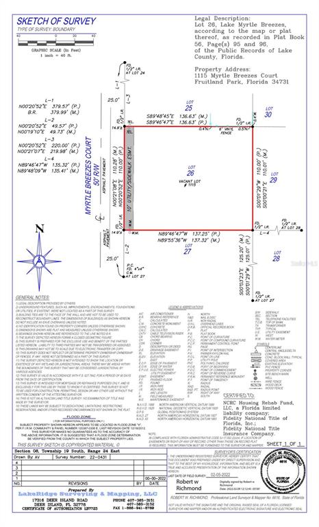 This is a land survey map showing the property boundaries and dimensions for a vacant lot — 1115 MYRTLE BREEZES COURT, FRUITLAND PARK, FL