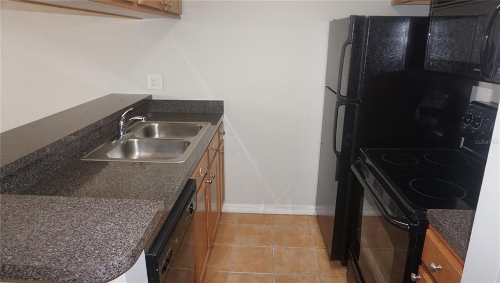A kitchen features dark granite countertops, wood cabinets, black appliances, and tiled flooring — 220 LAKE PARSONS GREEN UNIT 206, BRANDON, FL