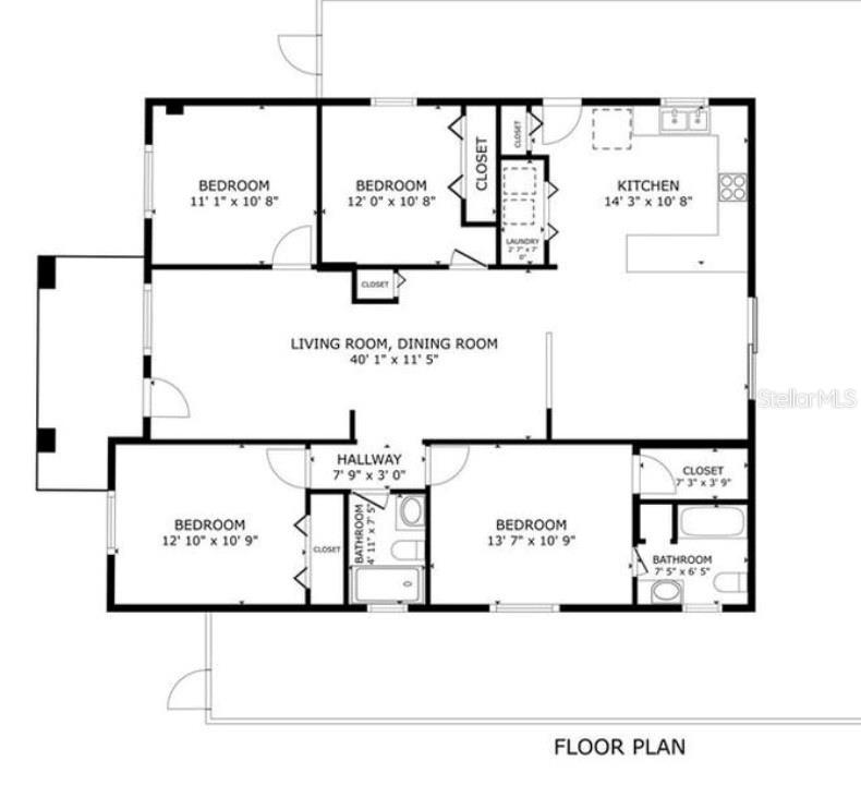 This is a floor plan showing a four-bedroom house with a kitchen, living area, and bathrooms — 2914 W FRIERSON AVENUE UNIT C, TAMPA, FL
