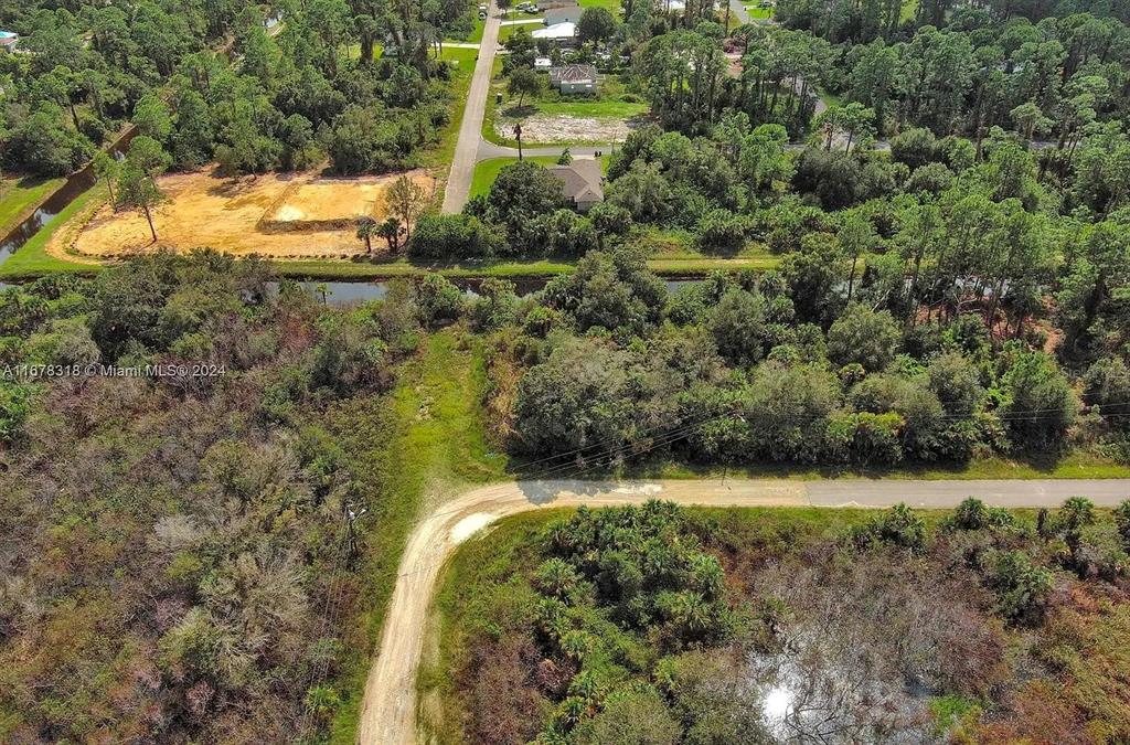 An aerial view shows a dirt road leading to a wooded lot with a canal — 862 ASHLAND STREET E, LEHIGH ACRES, FL