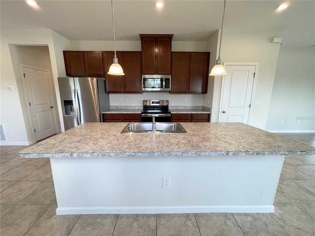 A kitchen features dark wood cabinets, stainless steel appliances, and a large central island — 10668 OLD SYCAMORE LOOP, LAND O LAKES, FL