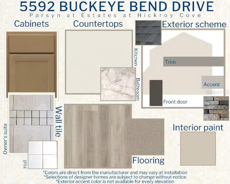 This design board displays interior and exterior finish samples for a new home construction project — 5592 BUCKEYE BEND DRIVE, ST CLOUD, FL