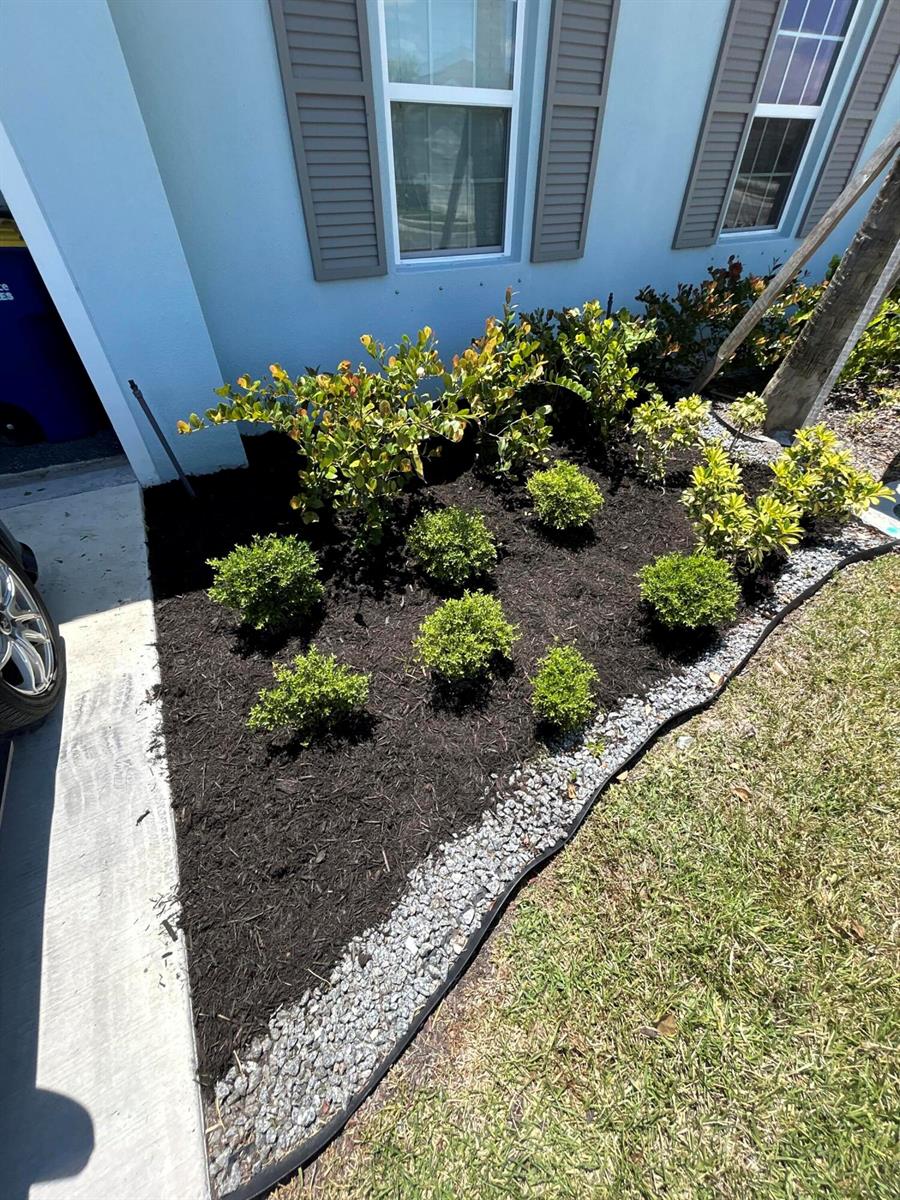 A landscaped garden bed with small shrubs and mulch sits beside a house exterior — 845 Persimmon Place, Fort Pierce FL 34981, FORT PIERCE, FL