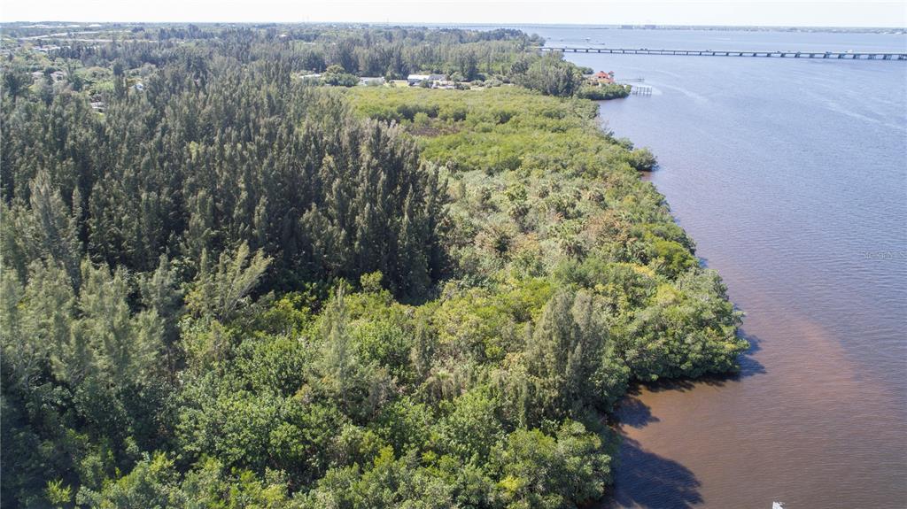 An aerial view shows a dense forest of trees bordering a river with a distant bridge — 418 PEACE ISLAND DR, PUNTA GORDA, FL