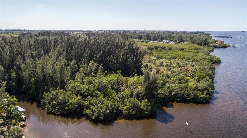 An aerial view shows a dense, wooded waterfront lot bordering a river with a distant bridge — 418 PEACE ISLAND DR, PUNTA GORDA, FL