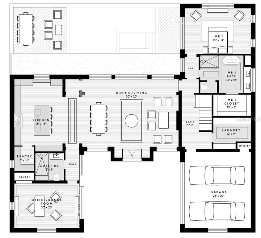 This floor plan shows a single-story home layout with a kitchen, living area, and garage — 169 TRANQUIL MIRROR LAKE COURT Lot 7, CLERMONT, FL
