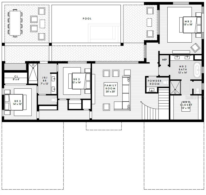 This floor plan shows a residential layout featuring a pool, family room, and multiple bedrooms — 169 TRANQUIL MIRROR LAKE COURT Lot 7, CLERMONT, FL
