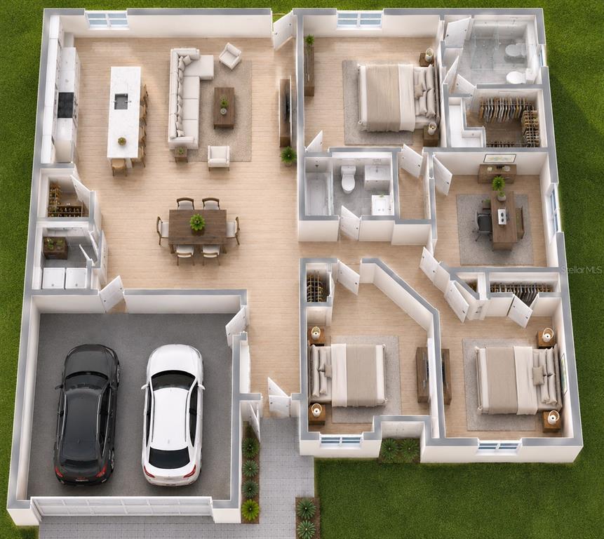 This 3D floor plan rendering shows a single-story house with three bedrooms and a garage — 10035 HACKENSACK STREET, PORT CHARLOTTE, FL