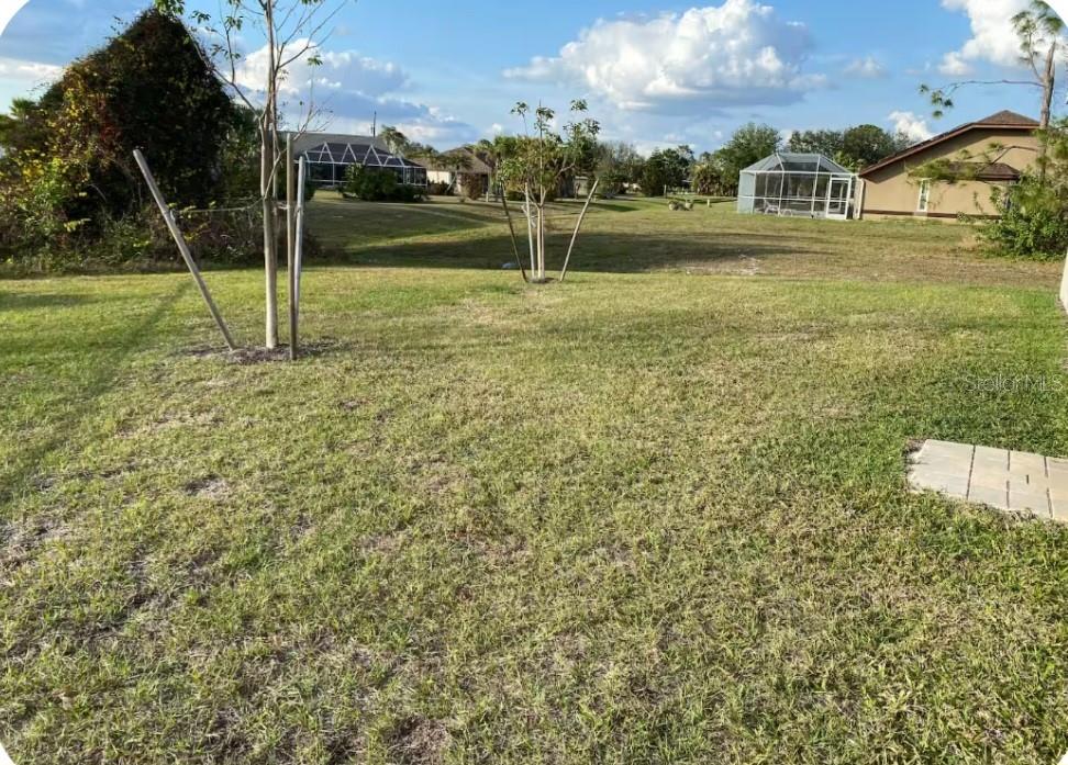 A grassy backyard features two young trees and views of neighboring houses with screened lanais — 25336 DEEP CREEK BOULEVARD, PUNTA GORDA, FL