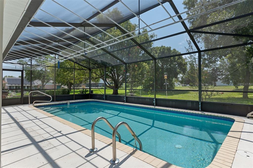 A rectangular swimming pool is enclosed by a screened-in lanai with a concrete deck — 978 W COLBERT COURT, BEVERLY HILLS, FL