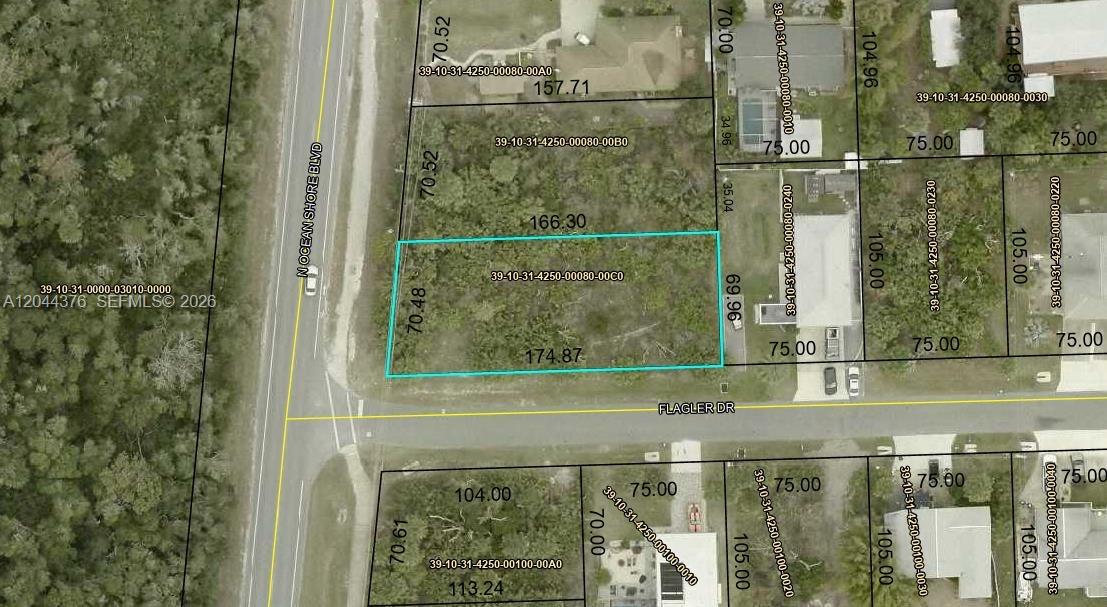 This is a property map showing parcel boundaries and dimensions for a residential area — 6235 N Ocean Shore Blvd, Palm Coast FL 32137, PALM COAST, FL
