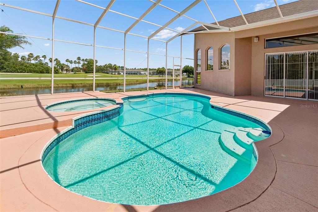 A screened-in pool and spa overlook a pond and golf course behind a house — 18107 EMERALD BAY STREET, TAMPA, FL