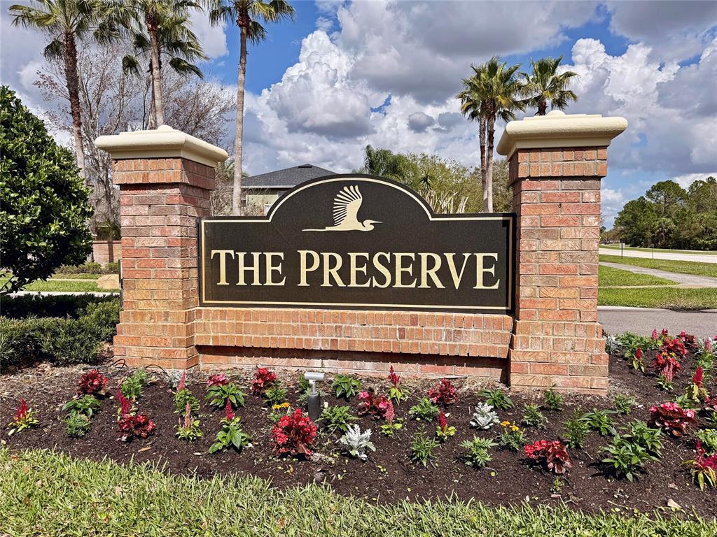 A brick monument sign for The Preserve stands in a landscaped garden with palm trees — 8212 CYPRESS BREEZE WAY, TAMPA, FL