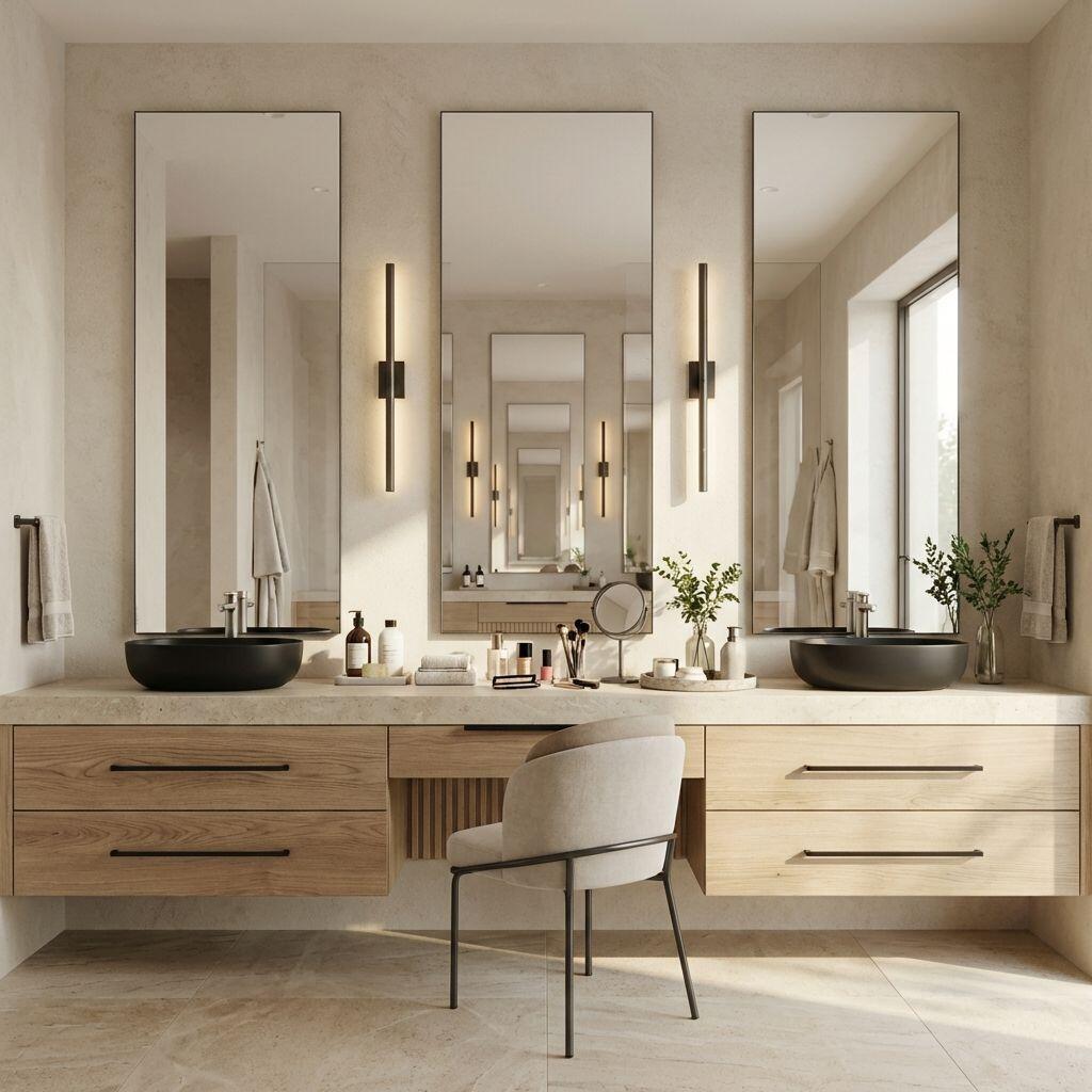 This rendering shows a modern bathroom with a double vanity, wood cabinets, and three mirrors — 3099 Banyan Road # 1, Boca Raton FL 33432, BOCA RATON, FL