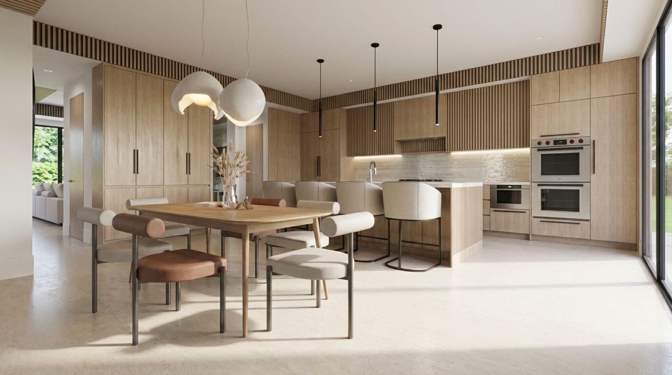 A rendering of a modern kitchen and dining area featuring light wood cabinetry and furniture — 3099 Banyan Road # 1, Boca Raton FL 33432, BOCA RATON, FL
