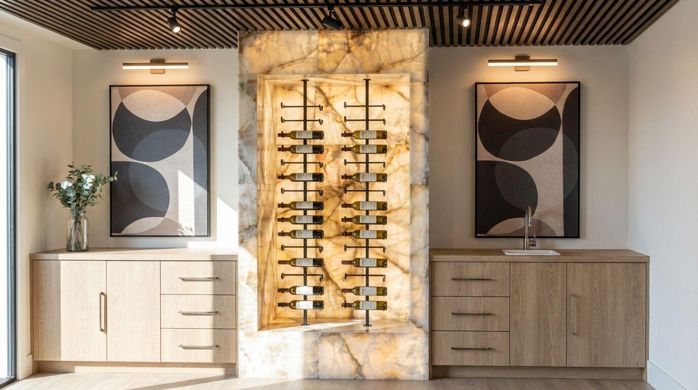 A modern wet bar features light wood cabinetry, abstract wall art, and a backlit stone wine rack — 3099 Banyan Road # 1, Boca Raton FL 33432, BOCA RATON, FL