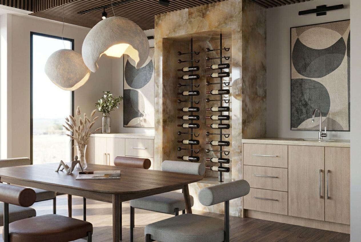 This rendering shows a dining room featuring a stone wine rack and modern pendant lighting — 3099 Banyan Road # 1, Boca Raton FL 33432, BOCA RATON, FL
