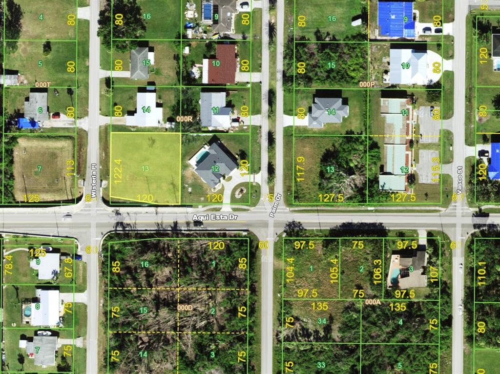 This is an aerial map showing residential property lot lines and street layouts — 3130 WISTERIA PLACE, PUNTA GORDA, FL
