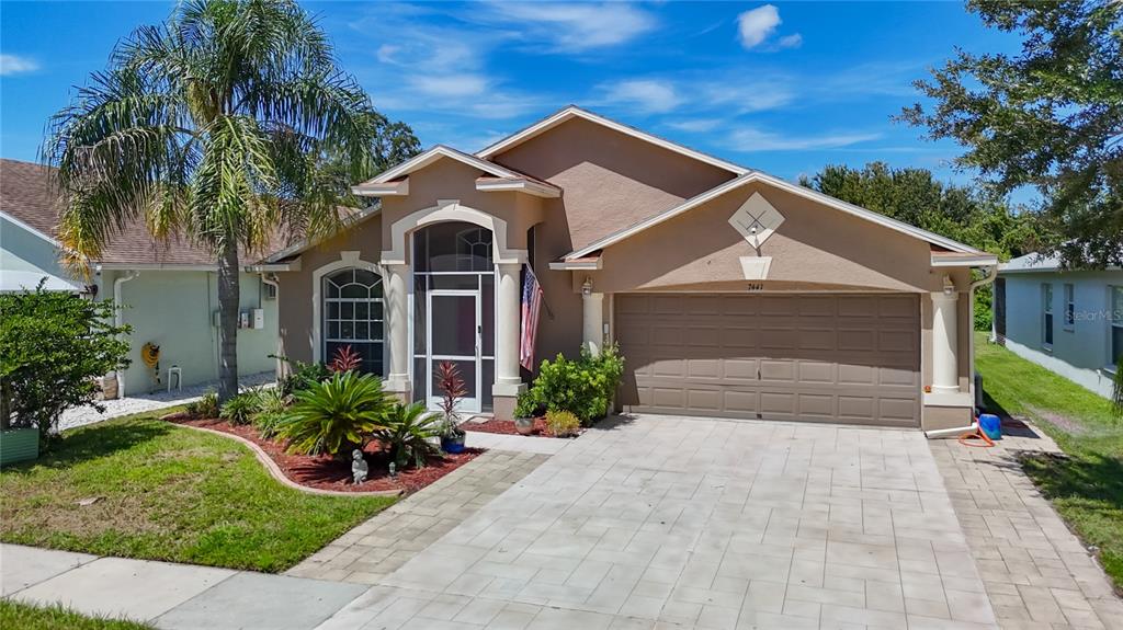 A tan single-story house with a two-car garage, a palm tree, and a paved driveway — 7441 TOWER BRIDGE DRIVE, WESLEY CHAPEL, FL