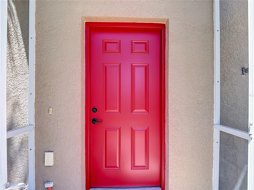 A bright red front door with black hardware is set into a textured beige wall — 7441 TOWER BRIDGE DRIVE, WESLEY CHAPEL, FL