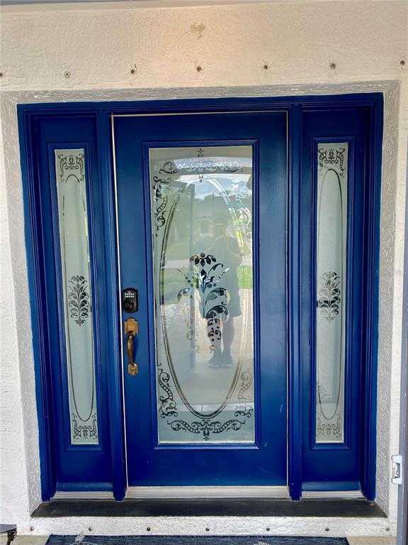 A bright blue front door features a central glass panel and two matching sidelights — 123 KINGS DRIVE, ROTONDA WEST, FL